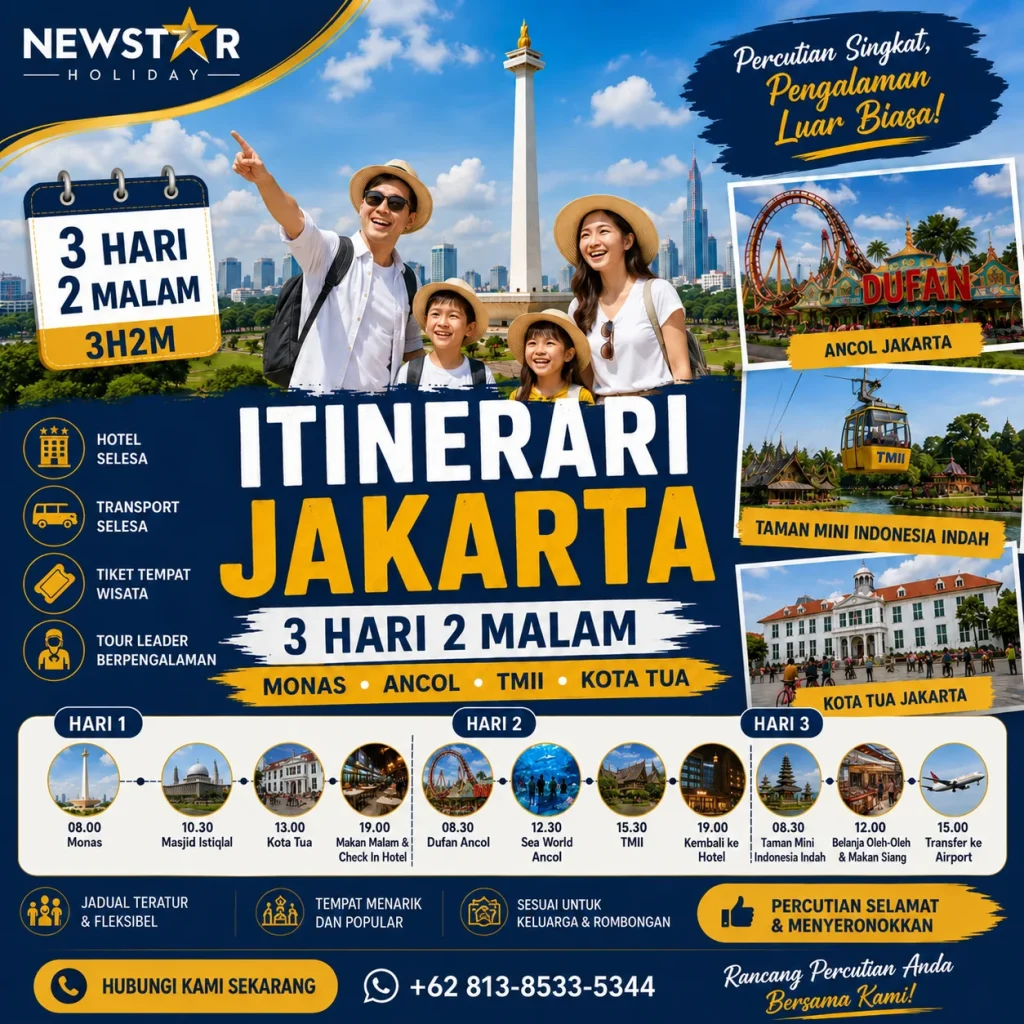 Itinerari Jakarta 3 Hari 2 Malam dengan lawatan ke Monas, Ancol, TMII dan Kota Tua Jakarta